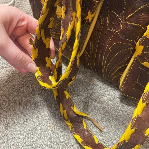 Brown leather handbag with yellow stitching accents - Picture 3 of 8